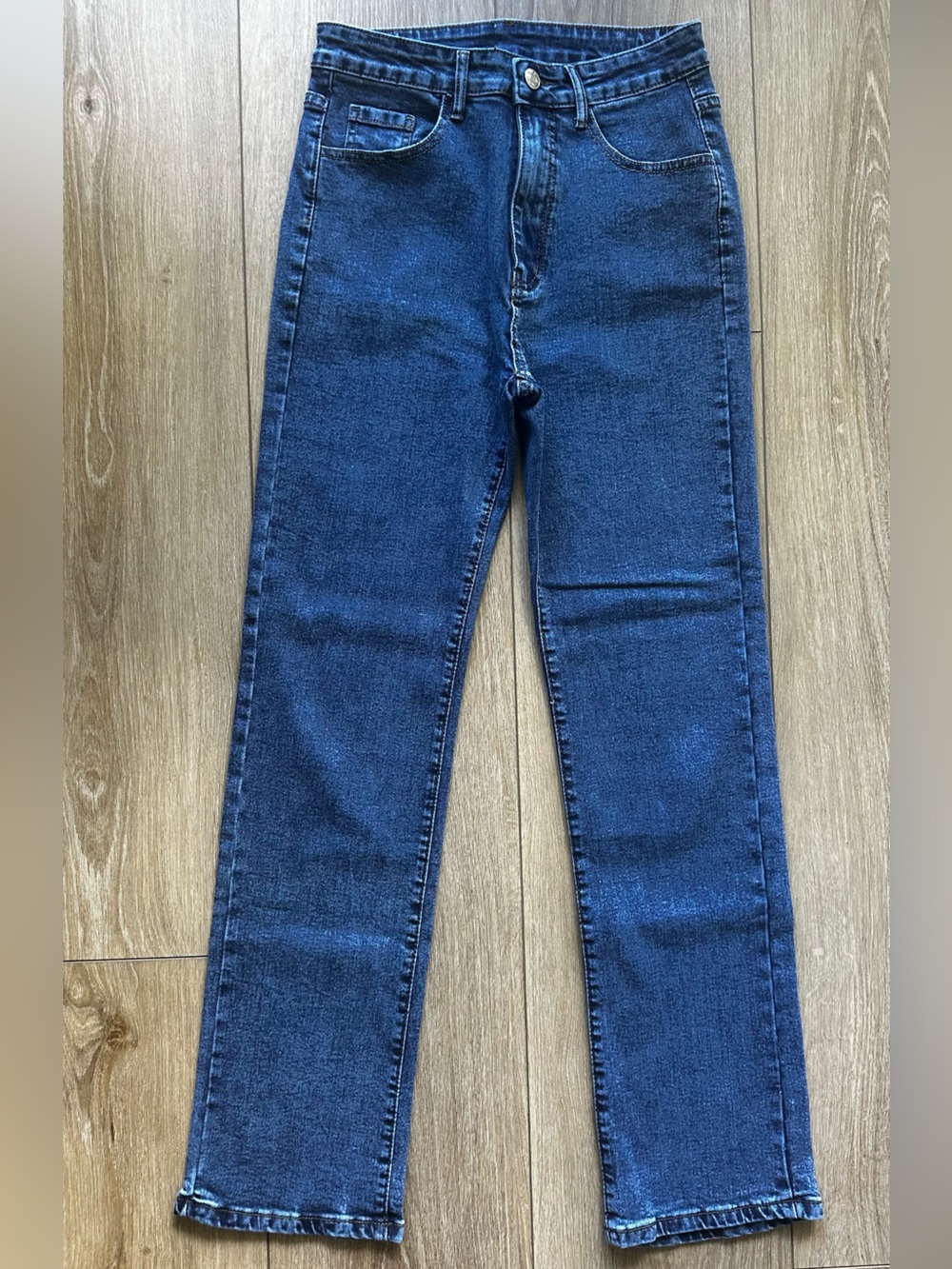 High-waisted Classic Dark Blue Denim Jeans, Stretchy, Long, New, 28-30